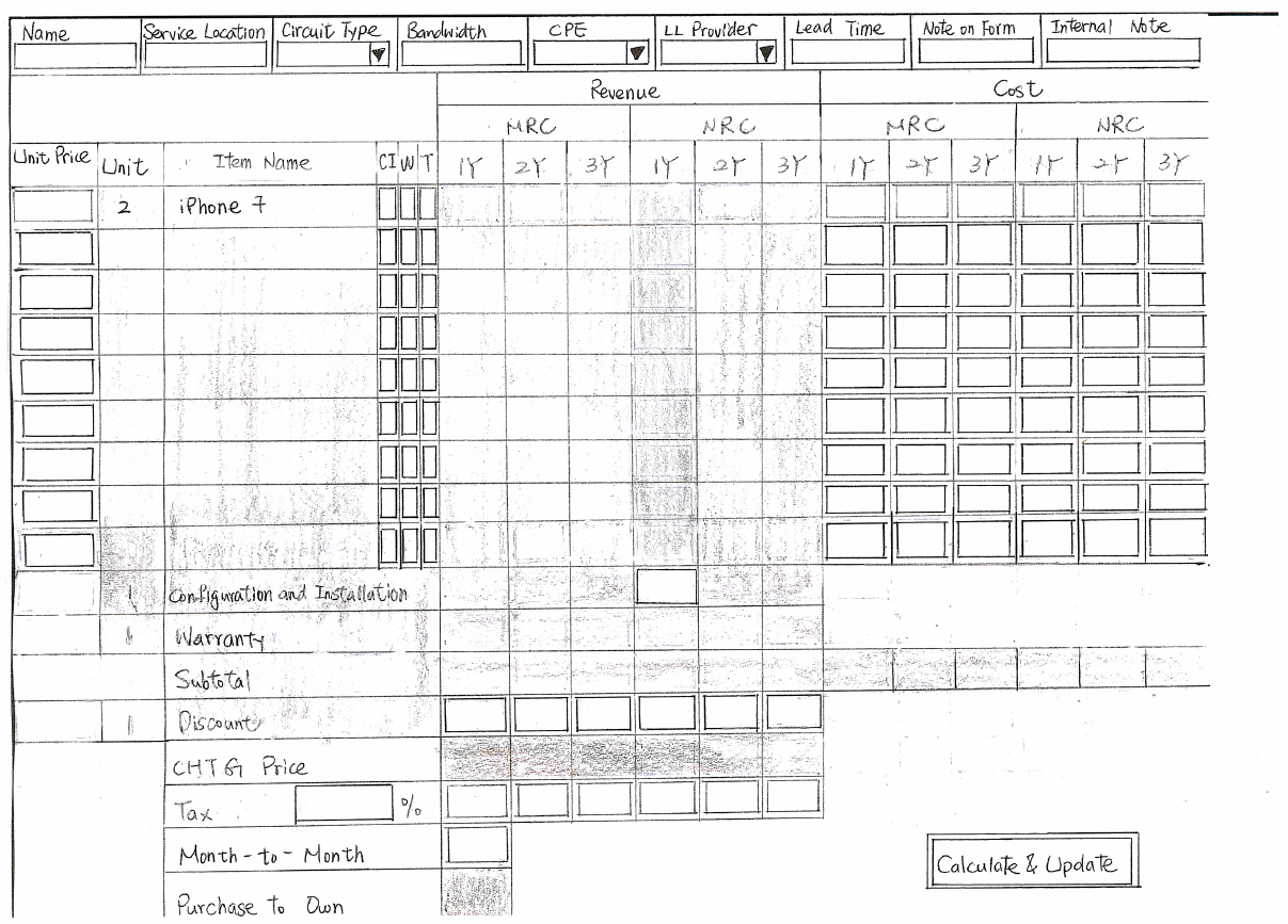 The wireframe of price calculation table